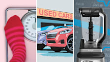 Three-panel image showing a foot on a scale, used cars at a dealership, and a Ninja blender.