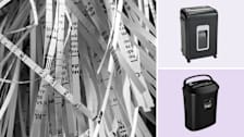 grid with close up of shredded paper and Aurora AU2260XA and VidaTeco 1201C paper shredders on light purple backgrounds