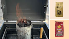 Grid of three images with lit charcoal chimney in grill, and Fogo Premium Lump Charcoal and Royal Oak Lump Charcoal on light orange backgrounds