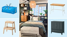 Ikea tote, stool, desk, cabinet, and bed in store showroom