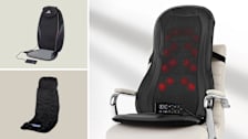 grid of three images with Comfier Vibration Back Massager, Snailax Back Massager with Heat, and Sharper Image Massage Seat Cushion on white office chair