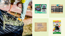 Person working on their yard with bag full of yard waste, yard bags from Lowe's, Member's Mark, Glad, Up&Up