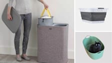 Clockwise from left: A person stands next to a Joseph Joseph Tota laundry basket while holding the basket's lid in one hand and lifting a removable fabric tote bag by its bright yellow handles with the other. Black and Decker Collapsible Laundry Basket, a black cat sits in a green Ikea TORKIS Flexible laundry basket.