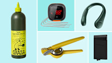 Graza olive oil, Inkbird meat thermometer, Jisulife neck fan, Chef'n juicer, Vulkit wallet