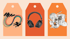 L-R: Veick Resistance Bands, Sennheiser Accentum Plus headphones,  Farberware Millenium 10-Piece cookware