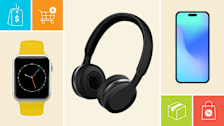 Watch, headphones, phone, and icons showing a price tag, shopping cart, shipping box, and discount bag.
