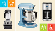 Vitamix Propel 750 blender, KitchenAid Bowl Lift KSM70 stand mixer, Cuisinart PerfecTemp 14 Cup Programmable DCC-3200 with icons showing a price tag, shopping cart, shipping box, and discount bag.