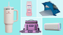 Stanley cup, Copptertone water babies lotion, Yeti soft cooler, Sony speaker, Sunbuster shade tent