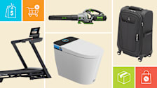 Ego LB6504 leaf blower, TravelPro Maxlite 5 21" Carry-On Spinner, Horow Smart Toilet HRT38P, and NordicTrack T10 treadmill with icons showing a price tag, shopping cart, shipping box, and discount bag.