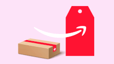 A cardboard package with a red stripe and a pink  star is shown next to a red price tag, connected by Amazon's logo on a pink background
