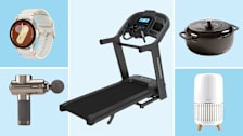 HoMedics AP-T200 air purifier, Horizon 7.4 AT treadmill, and Renpho R3 massage gun