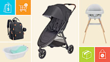 Baby Jogger City Mini GT3, Stokke Clikk High Chair, Frida Baby 4-in-1 Grow-With-Me Bath Tub, and BabbleRoo Diaper Bag Backpack