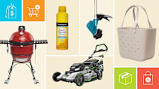Kamado Joe Classic II 18" KJ23RHC grill, Neutrogena Beach Defense Water + Sun Protection Spray SPF 50, Makita XRU23SM1 string trimmer, Ego LM2135SP lawn mower, and Simple Modern Extra-Large Getaway Bag with icons showing a price tag, shopping cart, shipping box, and discount bag.