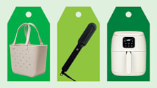 Simple Modern beach bag, Tymo hair straighener brush, Dash Tasti-Crisp Ceramic DCAF26CM air fryer on shopping tag graphics.