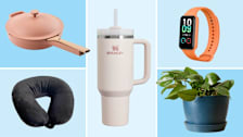 Clockwise: Stanley 40 oz. Quencher, Amazfit Band 7, Bloomscape Heartleaf Philodendron, Cloudz Microbead Travel Pillow, and Our Place Always Pan