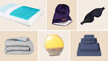 Comfort Revolution pillow, Grace Elayae slap cap, Mzoo Sleep Mask, Mellanni sheet set, JALL Wake Up Light Sunrise Alarm Clock, and Luna blanket