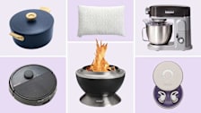 Clockwise from top left: GreenPan Stanley Tucci Ceramic Nonstick Dutch oven, Coop Sleep Goods The Original pillow, Hamilton Beach Professional All-Metal 63240 stand mixer, Ozlo Sleepbuds, Cuisinart Cleanburn Fire Pit, and iRobot Roomba Max 705 robovac.