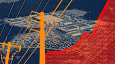A stylized, high-contrast composite image featuring an aerial view of the QTS data center in Fayetteville, Georgia tinted in blue. In the foreground, bright orange silhouettes of utility poles and power lines crisscross the frame. The right side is covered by a red translucent overlay containing an upward-trending line graph and text related to energy consumption (kWh).