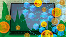 A photo illustration of a laptop computer screen open with patterned images atop it; including cubes representing blockchain, binary code, ledger numbers and coins.