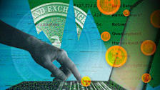 An abstract digital illustration featuring a hand typing on a laptop keyboard, overlaid with symbols of cryptocurrency and government regulation. The background blends a jagged fever line trending downwards, floating Bitcoin tokens, a list of various cyber threats, and the official seal of the U.S. Securities and Exchange Commission (SEC)