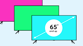 Three TVs, one displaying a design stating 65" and up.