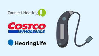 Connect Hearing, Costco Wholesale, and HearingLife logos with illustrated hearing aid next to logos