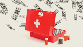 An open first aid kit with hundred dollar bills stacked inside and scattered in air