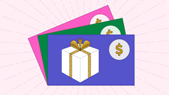 Three colorful gift cards—pink, green, and purple—are layered, with the purple card featuring a white gift box wrapped in a gold ribbon and all cards displaying dollar symbols