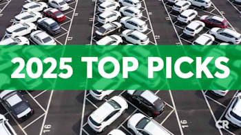 Parking lot full of mostly white cars from top view, text overlay reads 2025 Top Picks