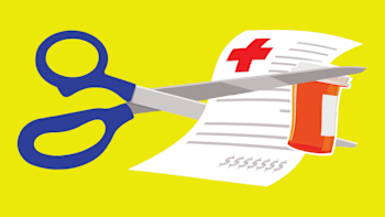 illustration of scissors cutting medical bill and prescription bottle in half