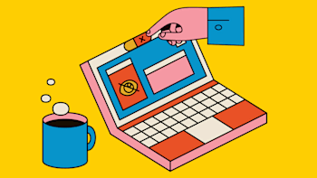 Illustration of hand and covering laptop camera on yellow background