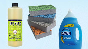 Mrs Meyer's concentrated cleaner, Skura sponges, Dawn dish soap