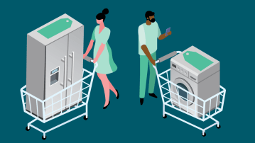 Illustration of two people with large appliances in their carts.
