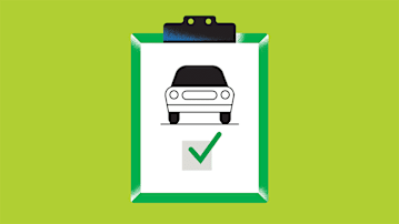 An illustration of a clipboard showing a car and a checkmark.