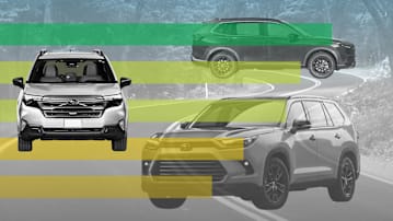 photo illustration with Subaru Forester Hybrid, Toyota Grand Highlander Hybrid, and Honda CR-V Hybrid with graphic horizontal lines and road through wooded area in background