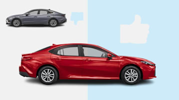 2026 Toyota Camry with a thumbs up icon, and a 2026 Hyundai Sonata Hybrid with a thumbs down icon.