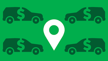 Car icons with money signs and a location symbol.