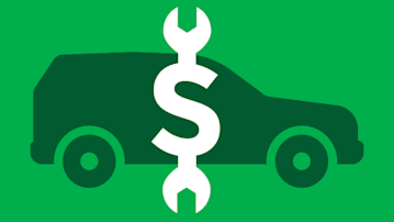 A dark green silhouette of a car with a dollar sign integrated with a wrench sitting on top of it.