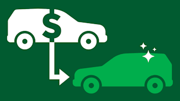 A white car at the top with a dollar sign integrated into it, with a white arrow pointing to a green car at the bottom right with sparkles on it.