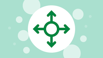 Arrows point in four directions in a white circle on a green bubbly background