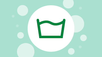 Machine Wash symbol in a white circle on a green bubbly background