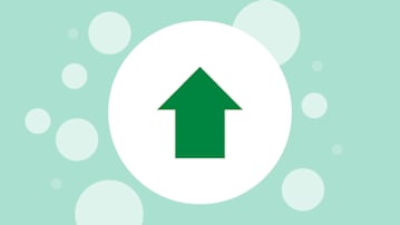 Upward pointing arrow in a white circle on a green bubbly background
