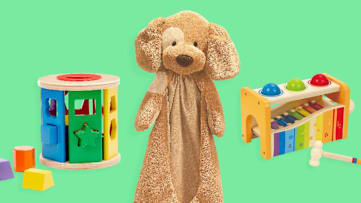 Melissa & Doug Match and Roll Shape Sorter, Gund Baby Spunky the Dog, and Hape Pound and Tap Bench With Slide Out Xylophone