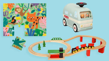 Mudpuppy "Jungle Can You Spot"? Puzzle, Brio Classic Train Set, and Radio Flyer Park and Play Camper