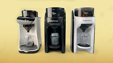 CR evaluated the (left to right) Baby Exo Formula Dispenser Machine, Baby Brezza Formula Pro Advanced WiFi, and Baby Brezza Formula Pro Advanced.