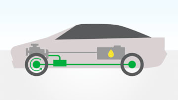 Hybrid vehicle displaying gas-powered drivetrain with hybrid electric drivetrain assist