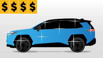Illustration of a sparkling new blue car with 4 dollar sign stickers indicating full price.