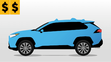 Illustration of a blue car with 2 dollar sign stickers indicating a discount from full price.