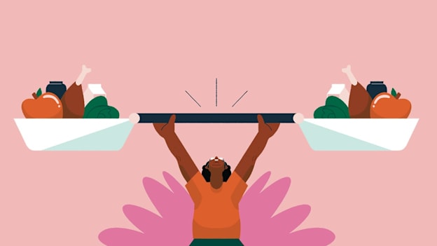 illustration of person holding weights above their head with each side filled with apples, chicken legs, lettuce, milk, and protein powder