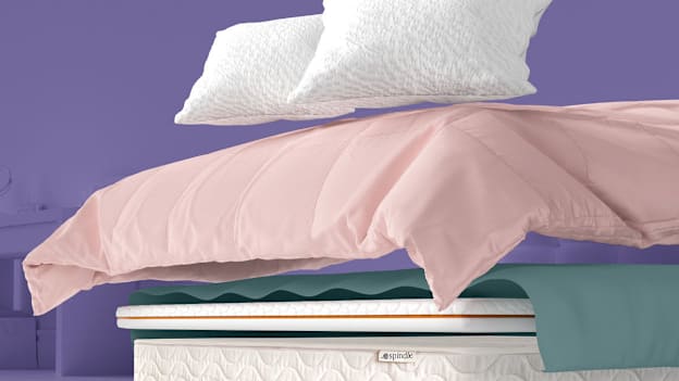 photo-illustration of deconstructed bed with pillows, duvet with duvet cover, top sheet, mattress topper, and mattress with purple background